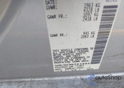 2022 Nissan Altima Sv Fwd from USA, damaged, VIN 1N4BL4DV3NN343494